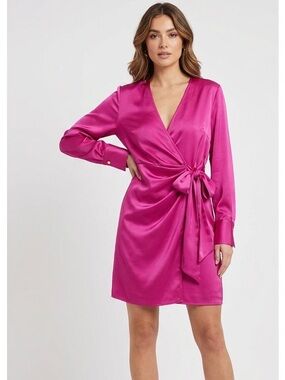 F&F Satin Wrap Dress in Hot Pink